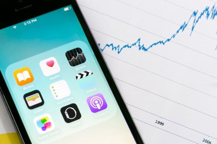 A smartphone home screen showing a Podcasts app and other icons, resting on a printed line chart that trends upward over the years.