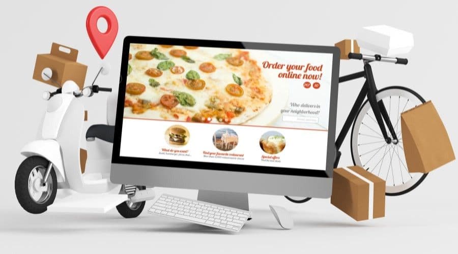 A 3D illustration of a desktop computer showing a food delivery website, flanked by a scooter, a bicycle, a map pin, and delivery boxes.