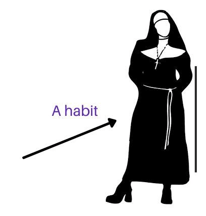 Illustration of a figure in a nun's habit with an arrow labeled "A habit" pointing to the garment