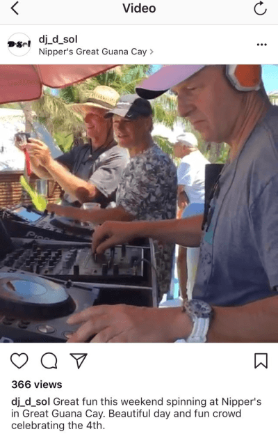A social media post showing a man wearing headphones DJing at an outdoor party