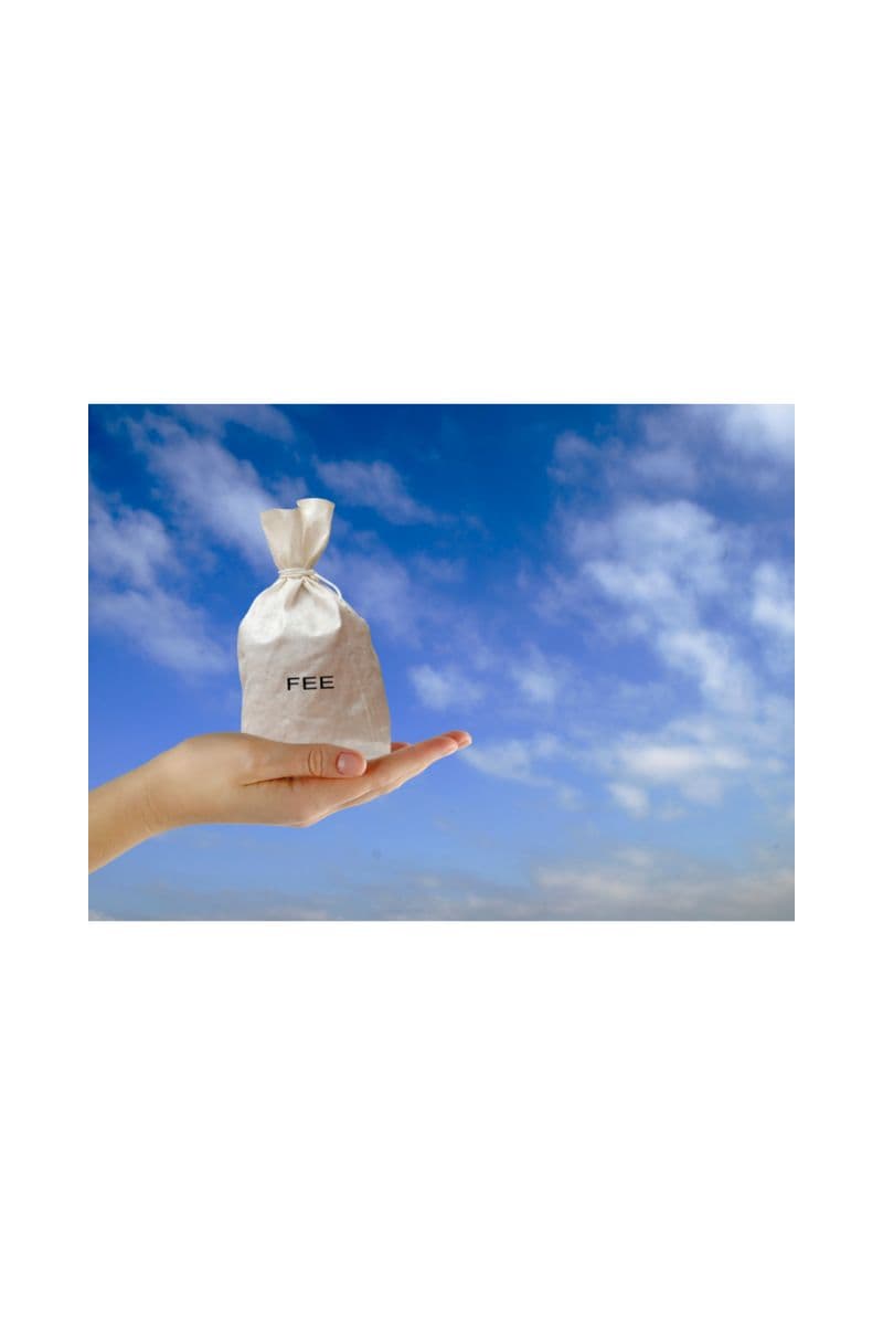 An open hand holding a small cloth money bag labeled FEE against a blue sky.