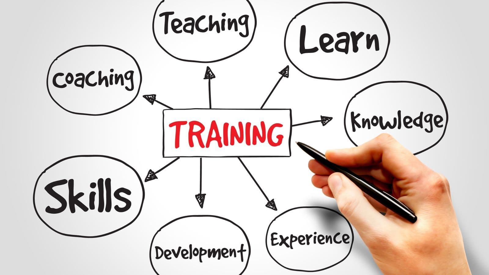 Hand-drawn mind map with TRAINING at the center connected to Teaching, Learn, Knowledge, Experience, Development, Skills, and coaching.