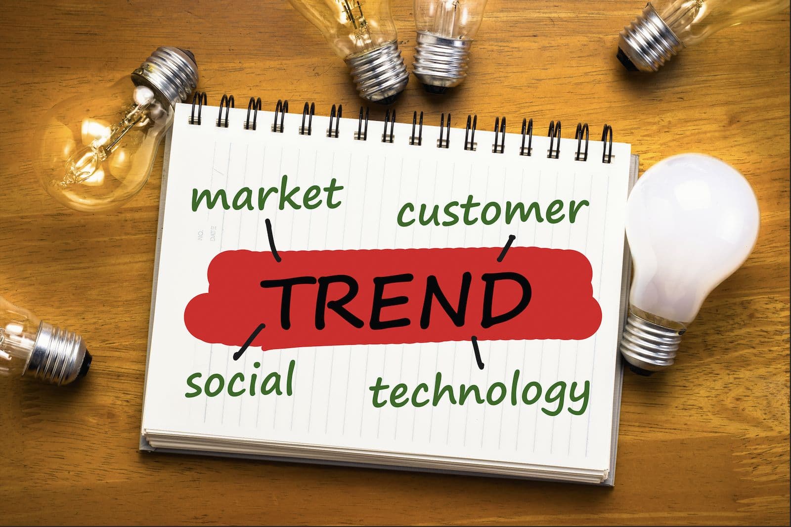 A spiral notebook with the word TREND highlighted in red, surrounded by light bulbs and the words market, customer, social, and technology.