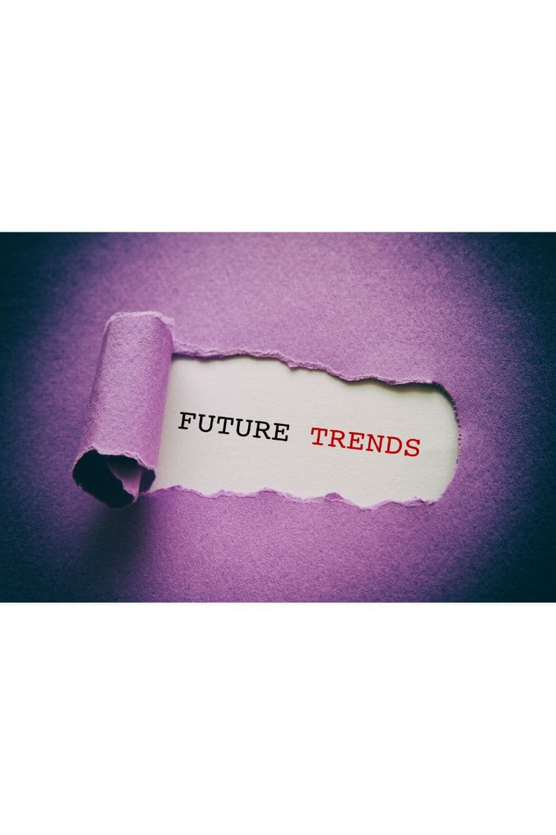 Torn purple paper revealing the words FUTURE TRENDS on a white background.