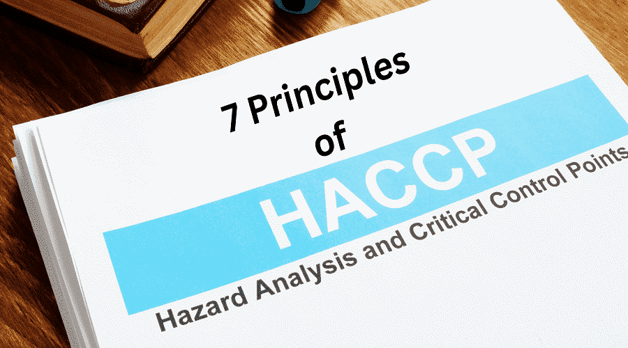 Illustration of a printed document titled 7 Principles of HACCP, Hazard Analysis and Critical Control Points, on a wooden desk.