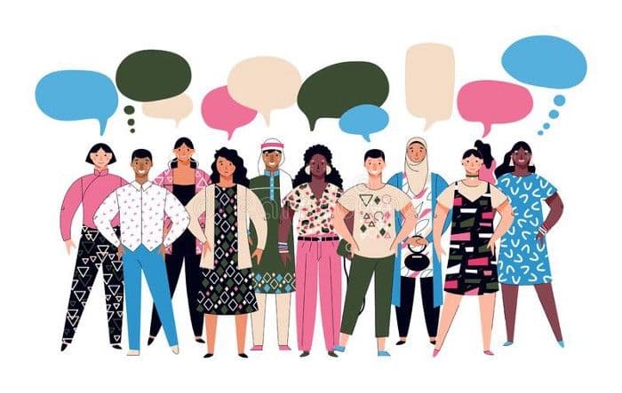 Flat illustration of a diverse group of people of different backgrounds standing together below colorful speech bubbles