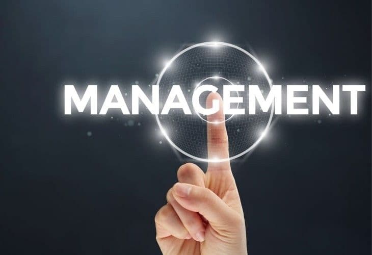 A person touching a glowing globe graphic with the word MANAGEMENT across it.