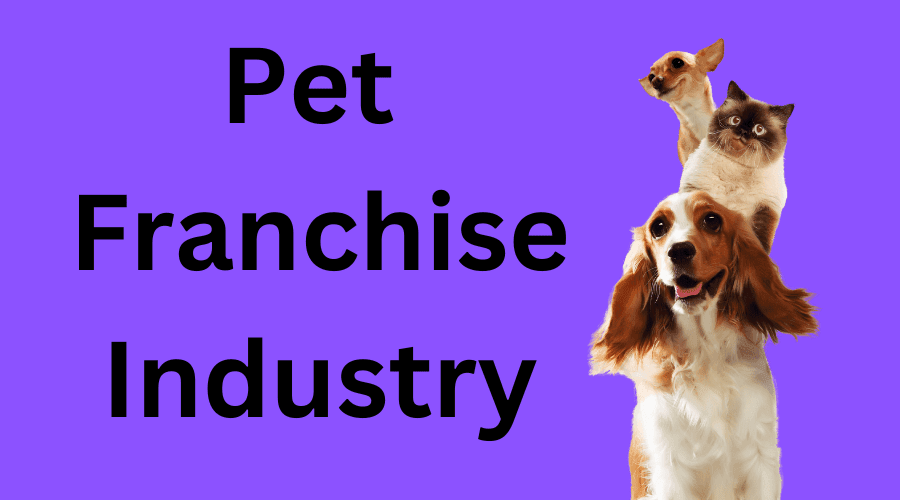 Title graphic reading Pet Franchise Industry on a purple background, with a small dog, a cat, and a spaniel stacked on the right.