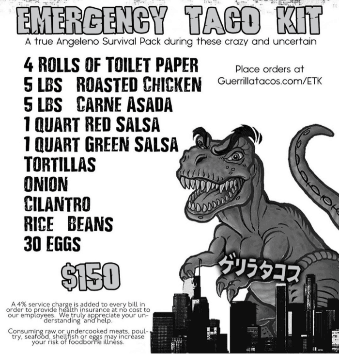 A black-and-white Emergency Taco Kit flyer listing pantry staples like toilet paper, roasted chicken, tortillas, and eggs bundled with taco ingredients.