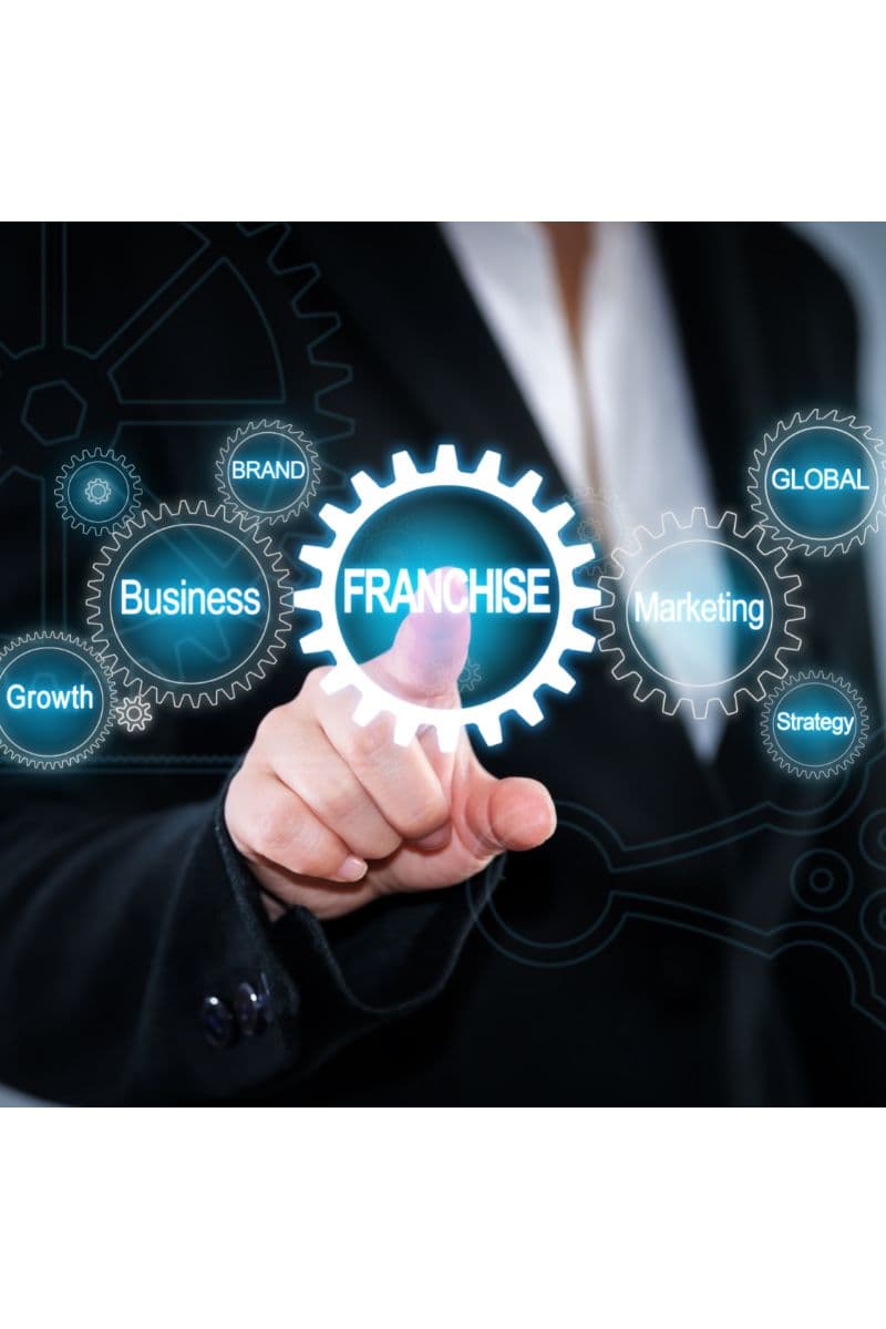 A businessperson in a suit touching a glowing gear labeled Franchise, surrounded by icons for brand, marketing, and growth.