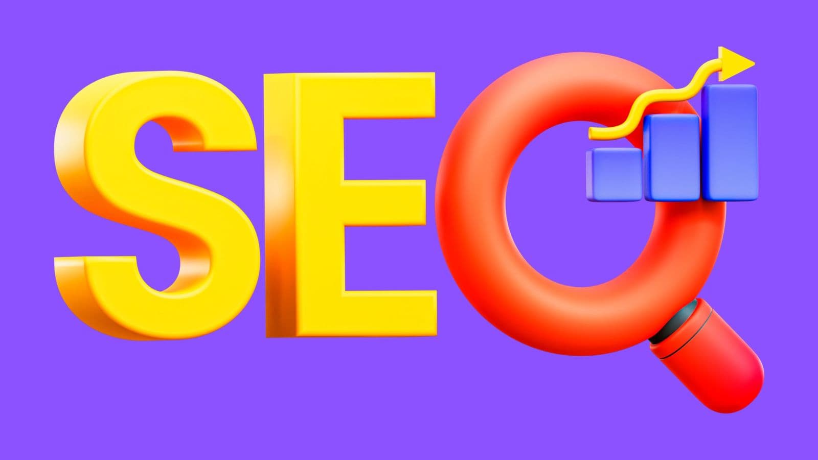 A 3D illustration of the letters S, E, O with a magnifying glass and a rising bar chart on a purple background.