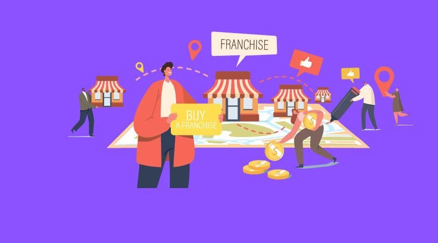 Flat illustration of a person holding a Buy a Franchise sign in front of storefronts on a map, with other figures placing coins and location pins.