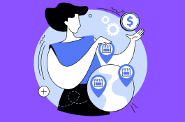 Flat illustration of a person holding a globe marked with location pins beside a dollar-sign coin, representing franchise growth across locations.