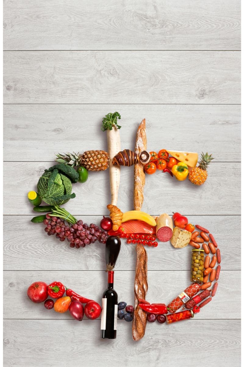 Fruit, vegetables, bread, cheese, and a wine bottle arranged into a dollar sign on a whitewashed wood surface.