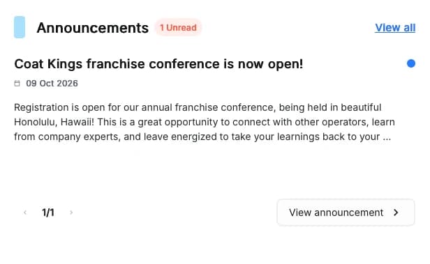 Delightree Announcements card showing one unread announcement about a franchise conference, with a button to view it.