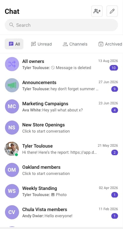 Delightree Chat channel list with group channels by location and direct messages, each showing its latest message and unread count.