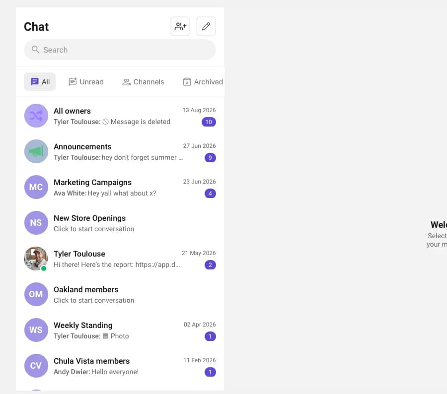 Delightree Chat with channels for all owners, announcements, marketing campaigns, and individual locations, plus filters for unread, channels, and archived conversations.