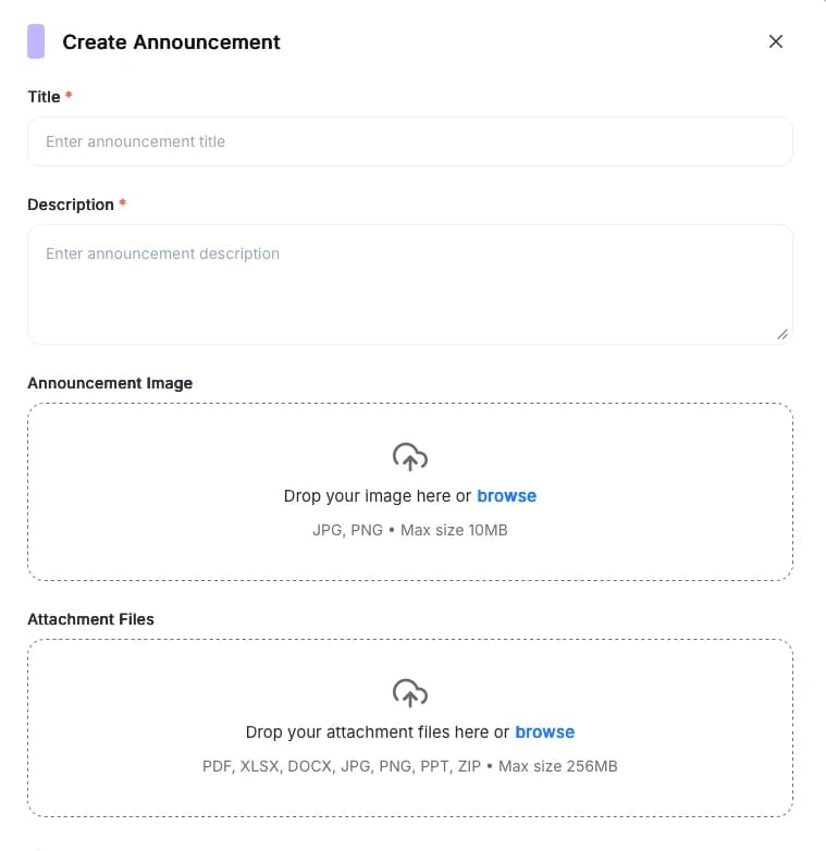 Create Announcement form in Delightree with a title, description, announcement image, and file attachments up to 256MB.