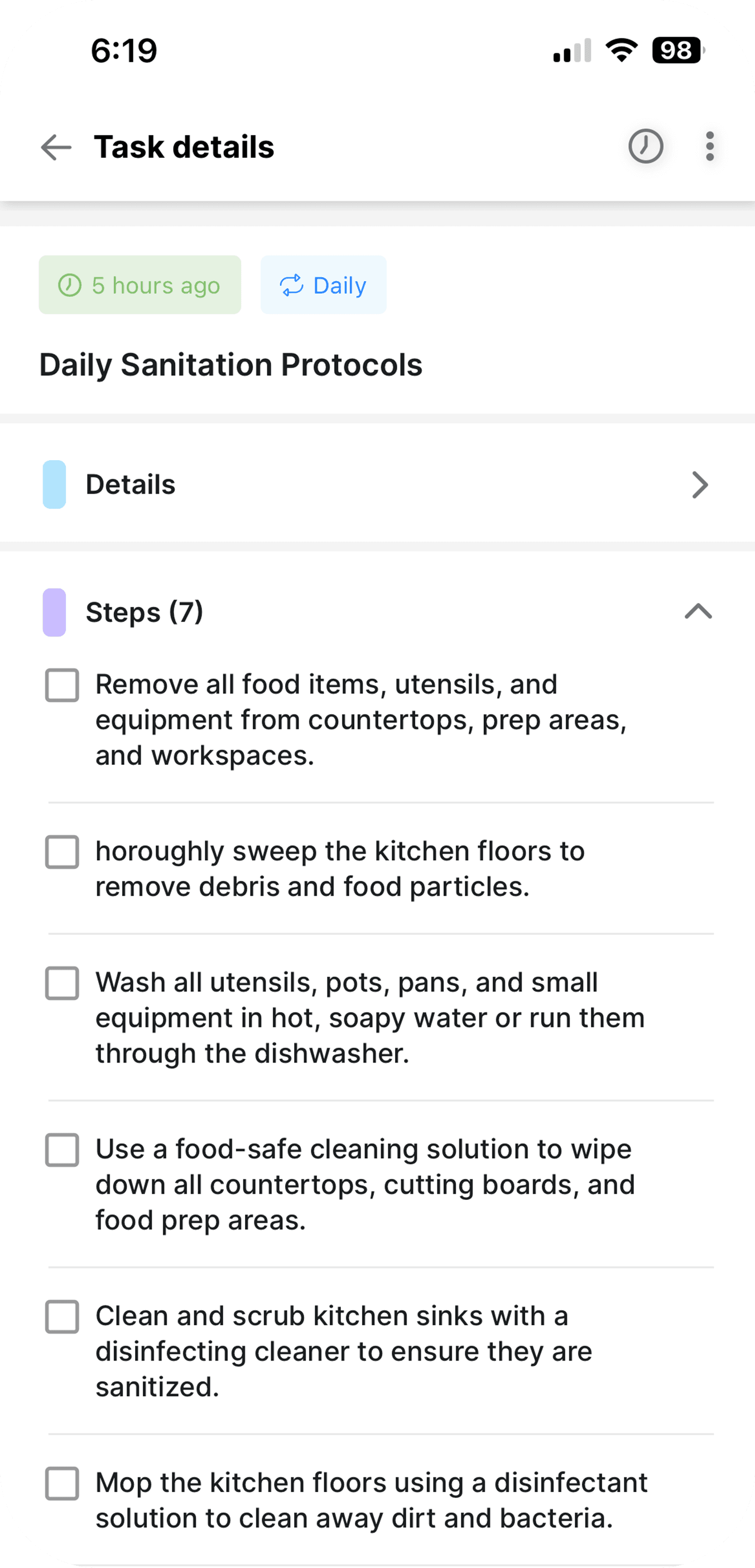 Delightree mobile app showing the day's tasks for a location.