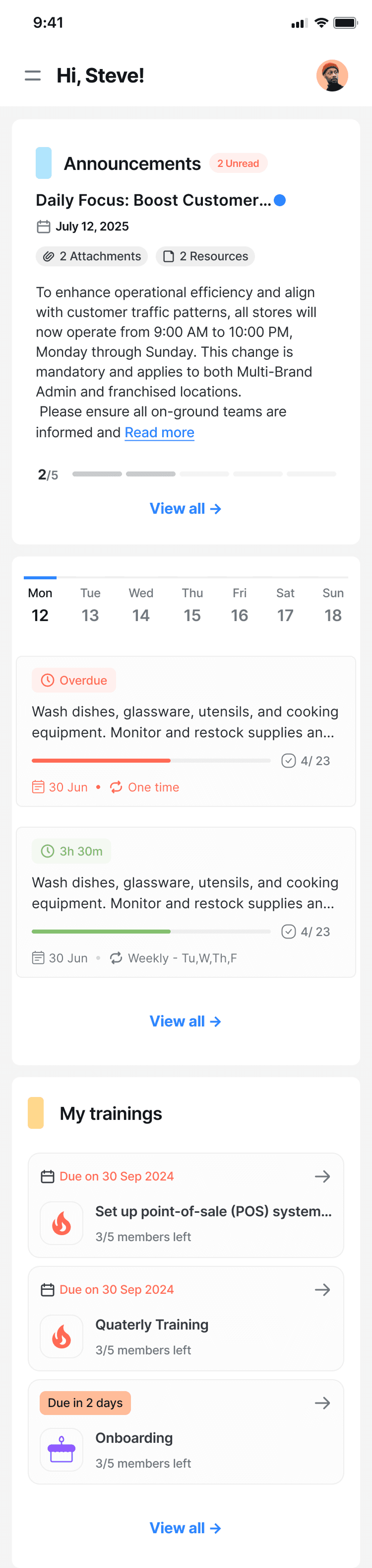 Delightree role-based dashboard on mobile, showing a franchisee home with announcements and daily tasks.