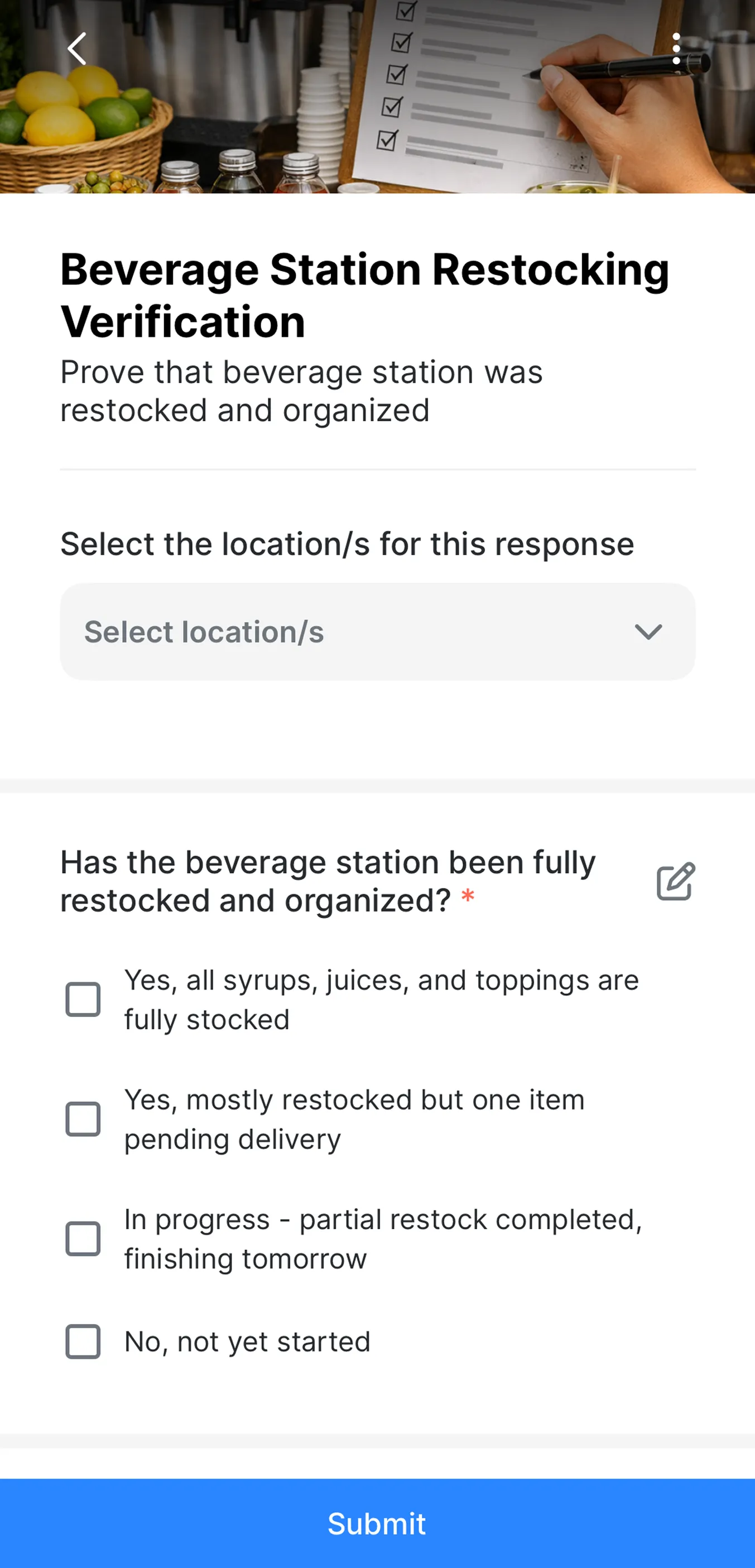 Delightree mobile form asking a team member to verify the beverage station was restocked, with answer options and a submit button.