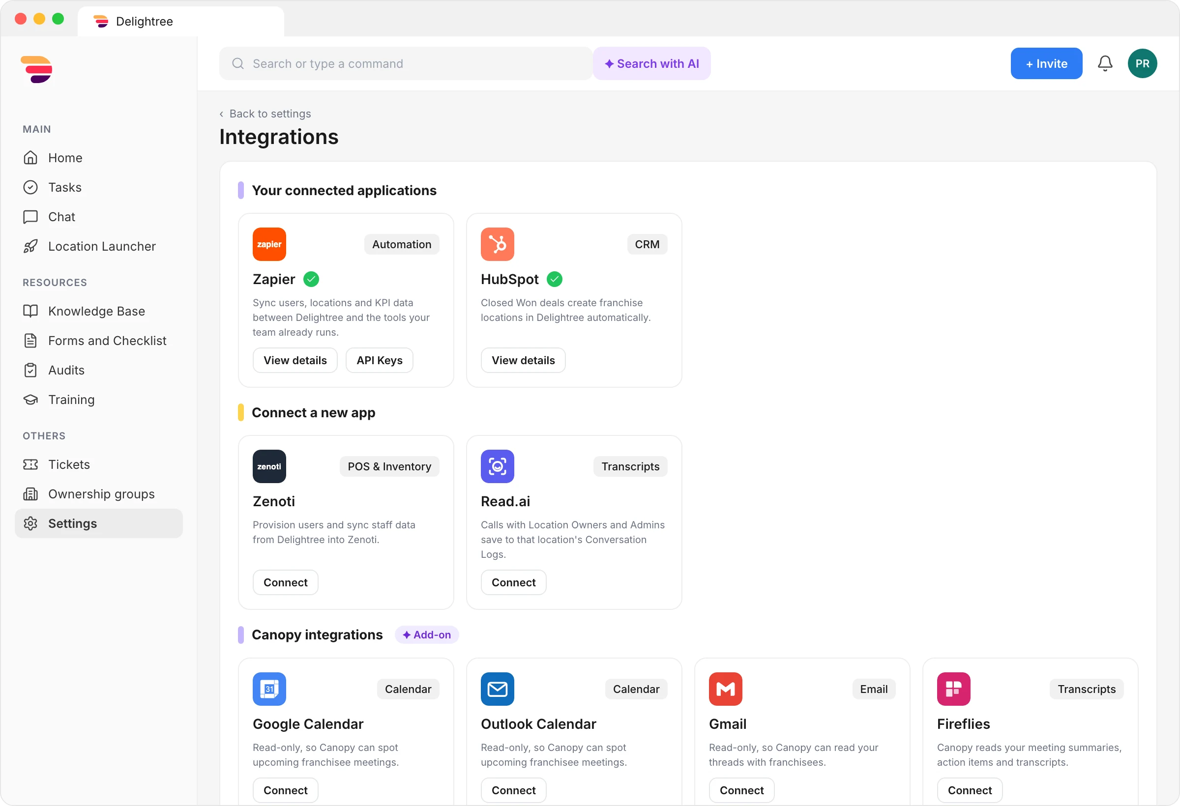 Delightree Integrations settings with Zapier and HubSpot connected, Zenoti and Read.ai available, and the Canopy add-on integrations.