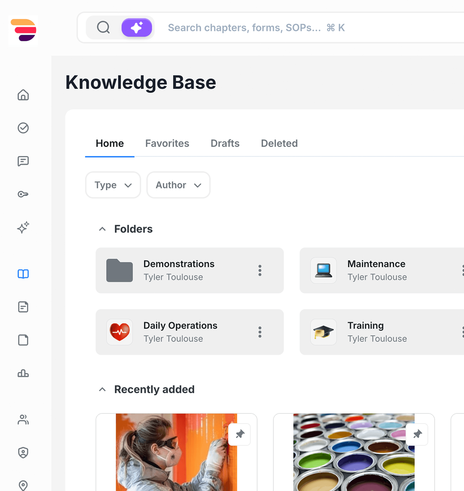 Knowledge Base home in Delightree, with folders for demonstrations, maintenance, daily operations, and training, plus recently added items.