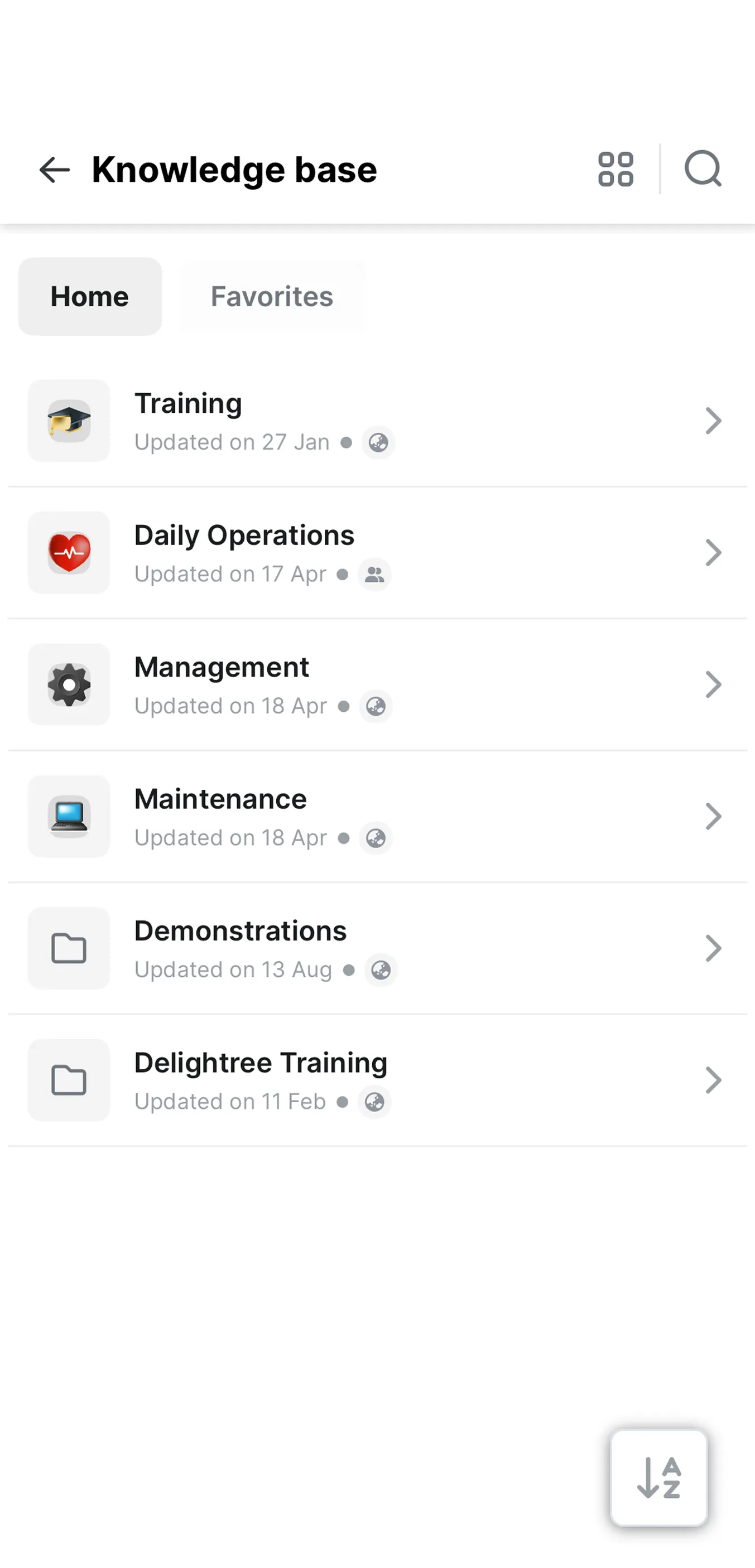 Delightree mobile app showing the Knowledge Base home with folders for training, daily operations, management, and maintenance.
