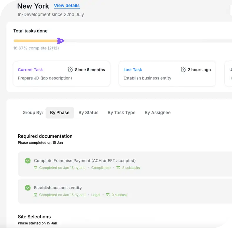 Location Launcher progress view for a New York location, showing tasks done, the current task, and completed phases.