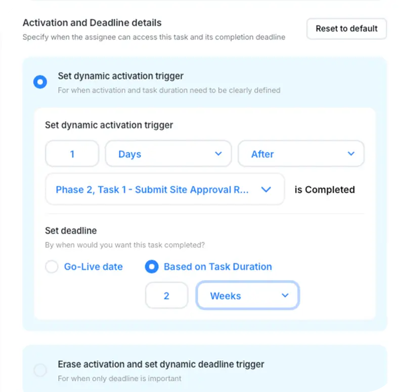 Location Launcher task settings: the task activates one day after a site approval task is completed, with a two-week deadline.