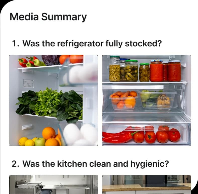 Site visit media summary in Delightree with photos of a stocked refrigerator and a clean kitchen.