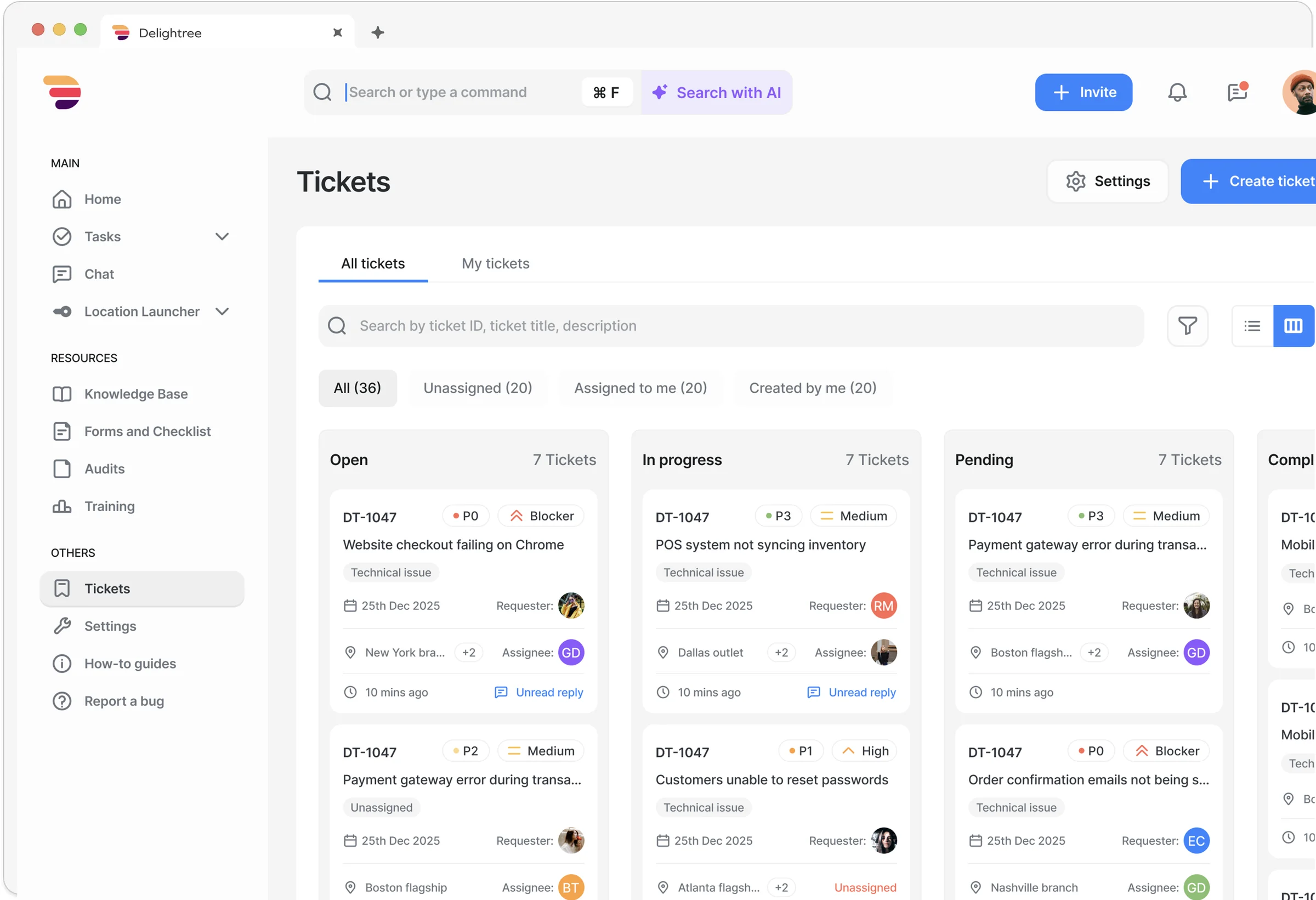 Delightree Tickets board with open, in-progress, and pending support tickets, each showing priority, location, and assignee.