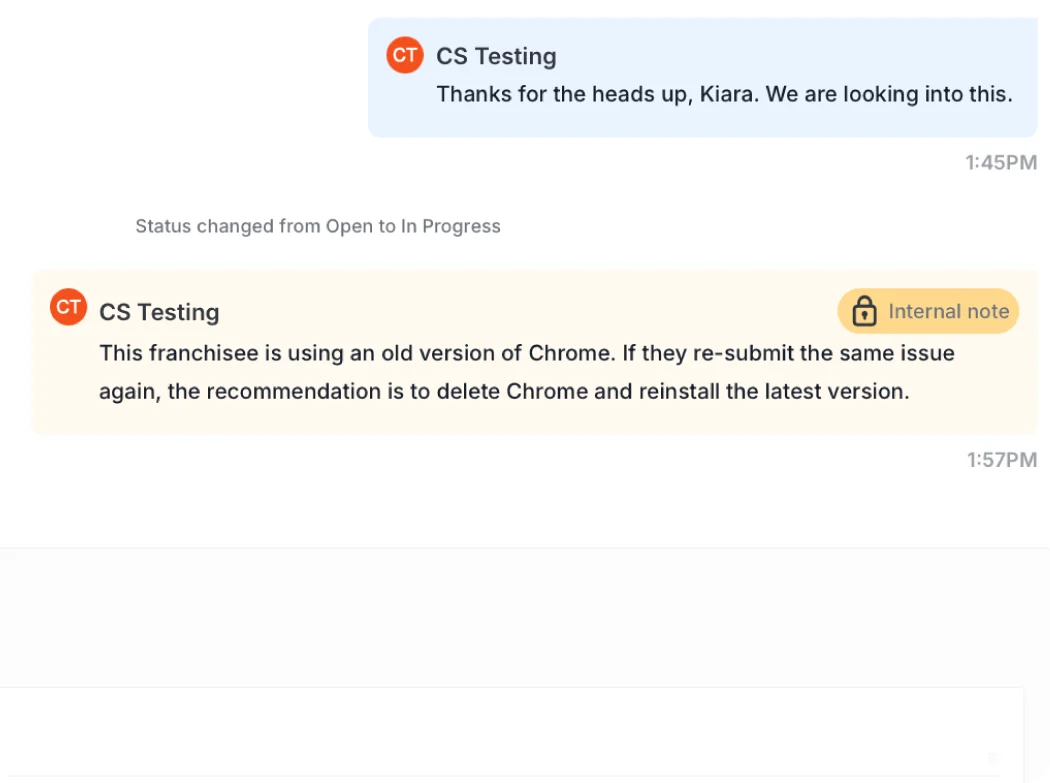 Internal notes on a support ticket in Delightree, kept separate from the reply to the requester.