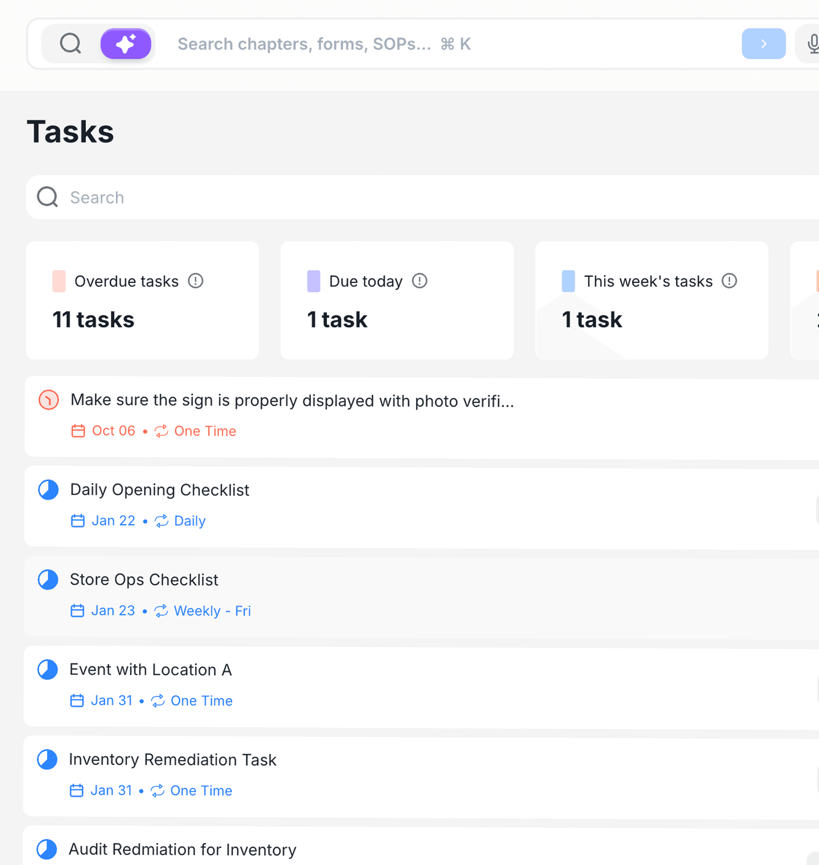 Delightree Tasks view with overdue, due-today, and this-week counts and a list of recurring checklists.